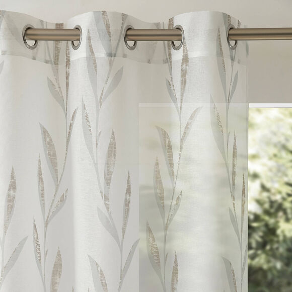 Panneau voilage imprimé végétal - finition oeillets (blanc / taupe)