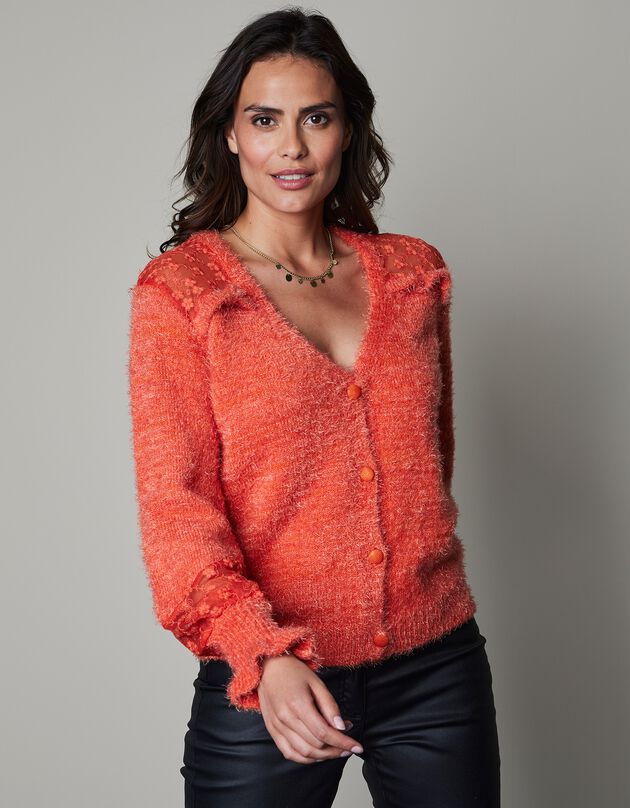 Gilet tulle brodé, maille douceur (mandarine)