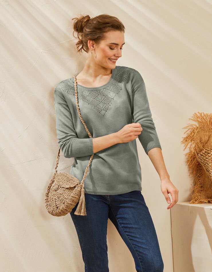 Pull col rond, maille ajourée toucher cachemire (kaki) Pull col rond, maille ajourée toucher cachemire (kaki)