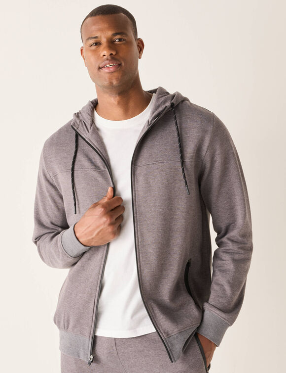Sweat zippé à capuche molleton gratté détails contrastés (gris chiné)