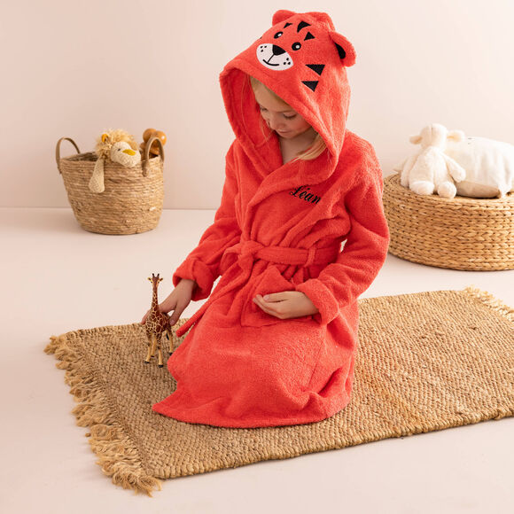 Peignoir de bain enfant Tigre personnalis&eacute; &agrave; capuche - &eacute;ponge 340g/m&sup2; (corail)