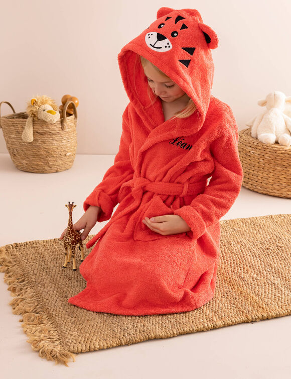 Peignoir de bain enfant Tigre personnalis&eacute; &agrave; capuche - &eacute;ponge 340g/m&sup2; (corail)