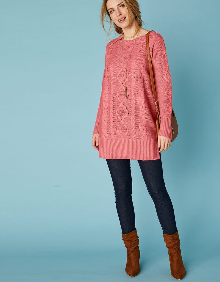 Pull tunique torsadé manches longues toucher cachemire (corail grisé) Pull tunique torsadé manches longues toucher cachemire (corail grisé)