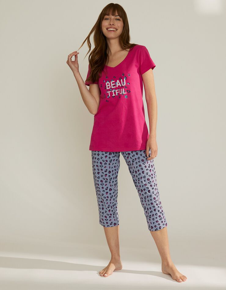 Tee-shirt manches courtes coton uni imprimé placé "Beautiful" (fuchsia) Tee-shirt manches courtes coton uni imprimé placé "Beautiful" (fuchsia)