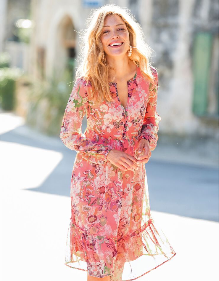 Robe voile imprimé (corail / beige) Robe voile imprimé (corail / beige)