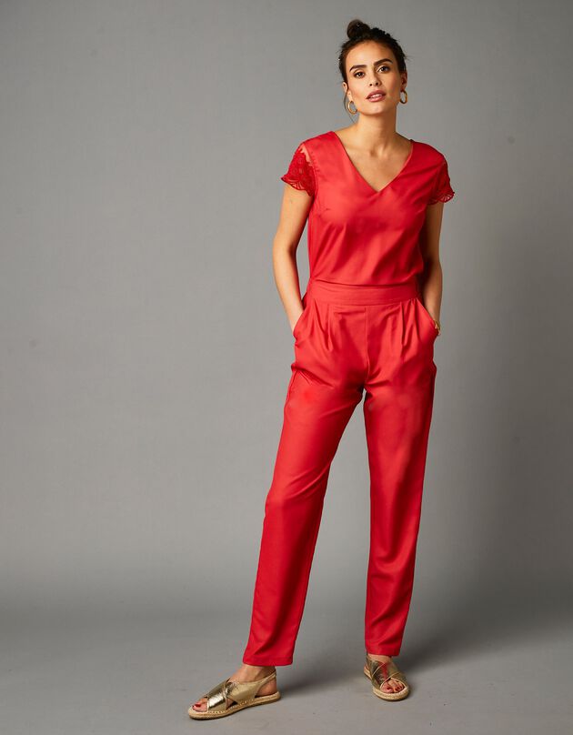 Combinaison pantalon taille élastiquée finition résille brodée - rouge (rouge)
