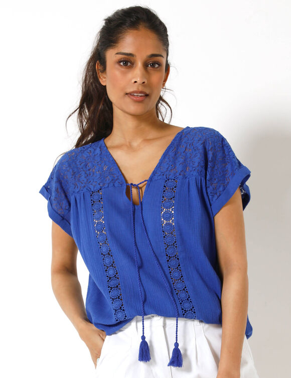Blouse macram&eacute;, cr&eacute;pon coton (bleu dur)