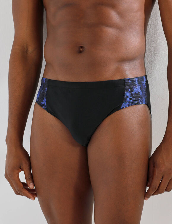 Slip de bain motif graphique c&ocirc;t&eacute;s (noir / bleu)