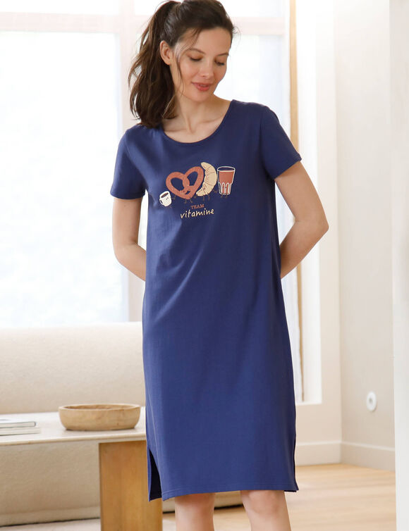 Chemise de nuit courte &agrave; manches courtes, imprim&eacute; "petit d&eacute;jeuner'" (marine)