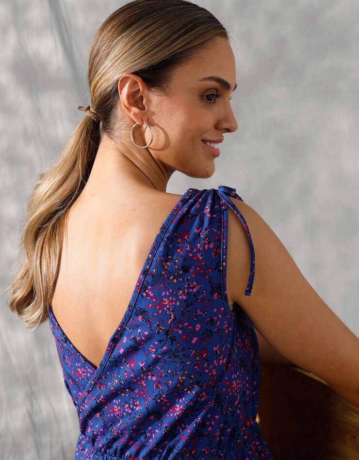 Robe longue imprimée épaules nouées (bleu / violine)
