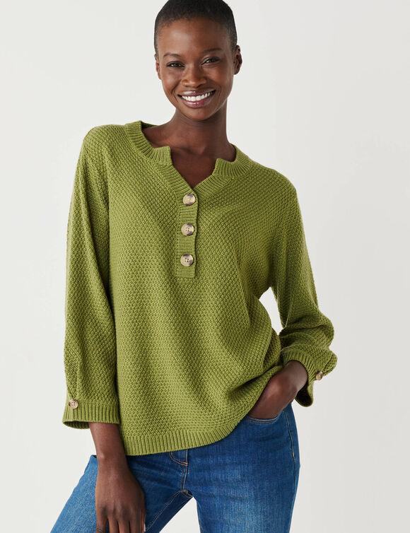 Pull col tunisien manches 3/4, maille fantaisie (vert mousse)