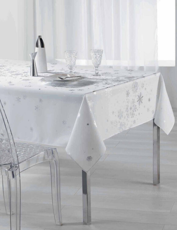 Nappe imprim&eacute;e flocons argent&eacute;s (blanc / argent&eacute;)
