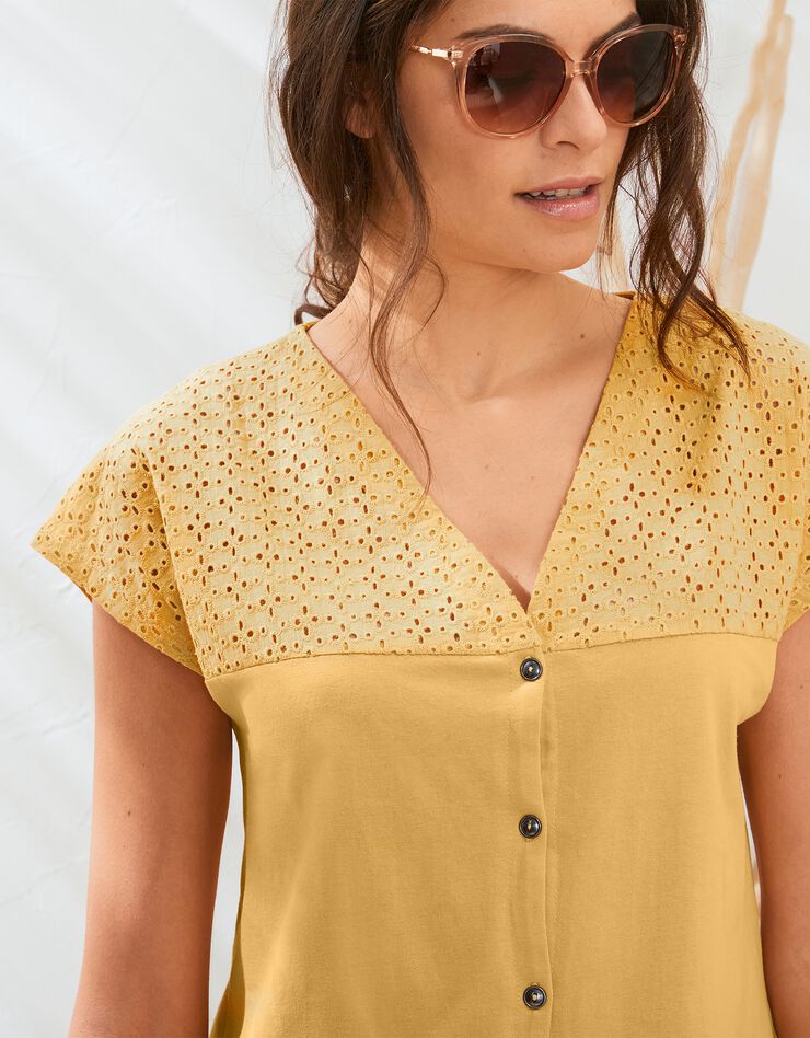 Tee-shirt boutonné, broderie anglaise (safran) Tee-shirt boutonné, broderie anglaise (safran)