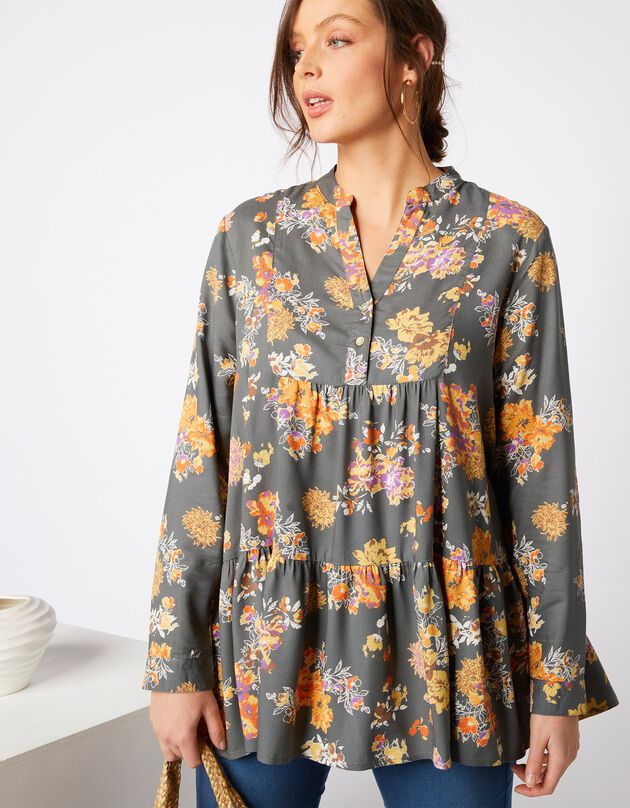 Blouse ample en viscose imprimé fleuri - manches longues (kaki / jaune) Blouse ample en viscose imprimé fleuri - manches longues (kaki / jaune)