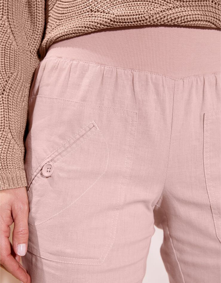 Pantalon coupe droite 7/8ème taille élastiquée, lin coton (rose poudré) Pantalon coupe droite 7/8ème taille élastiquée, lin coton (rose poudré)