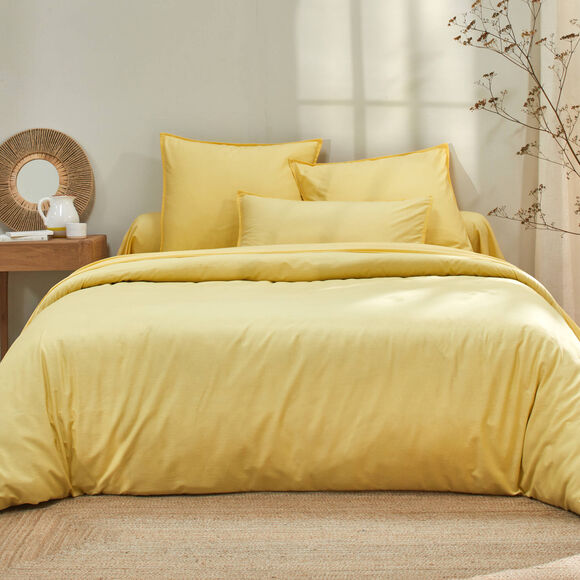 Linge de lit uni coton lav&eacute; (jaune)