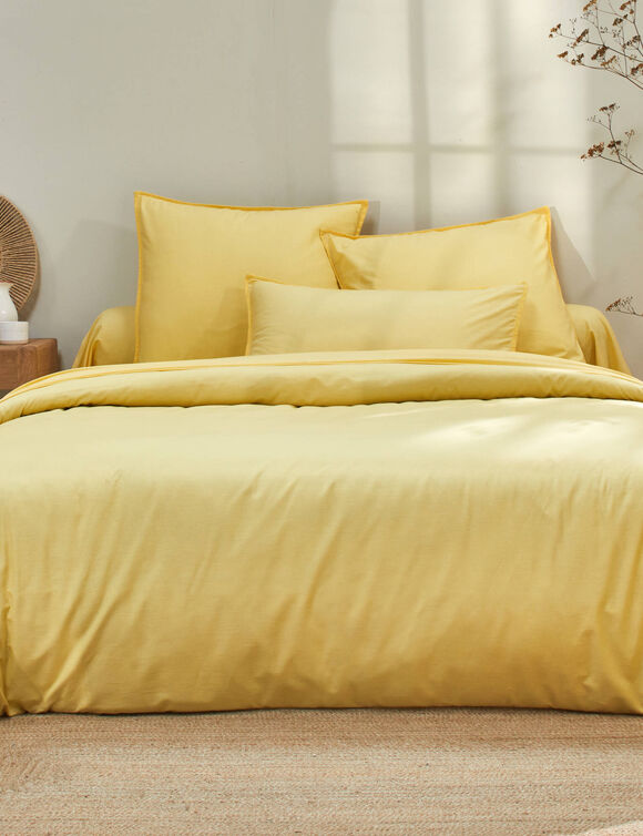 Linge de lit uni coton lav&eacute; (jaune)