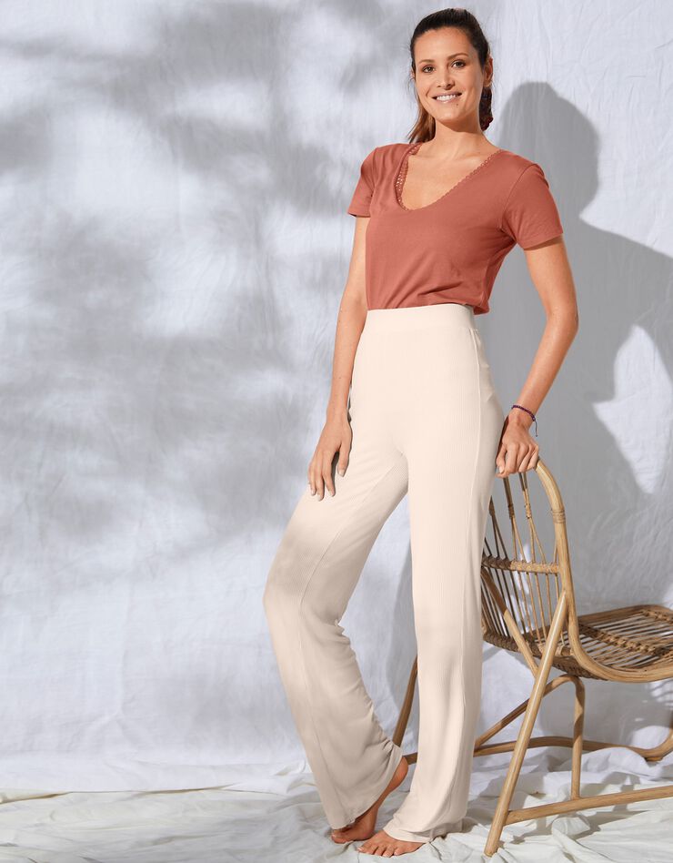 Pantalon large maille côtelée taille élastiquée (sable) Pantalon large maille côtelée taille élastiquée (sable)