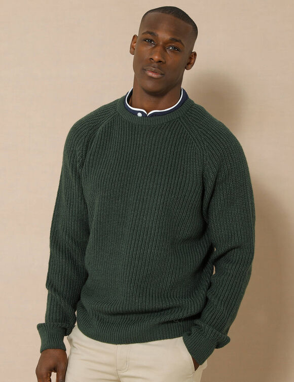 Pull col rond manches marteau côtes anglaises 30% laine (vert sapin)