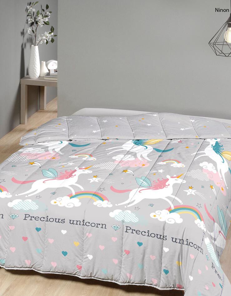 Couette microfibre imprimé licorne 350 g/m² (gris / rose)