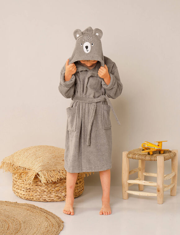 Peignoir de bain enfant personnalisable ourson &agrave; capuche  (taupe)