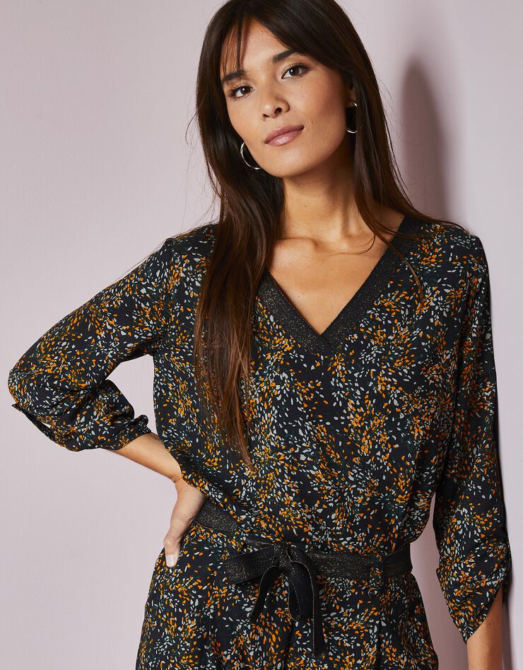 Blouse imprimée détails brillants, crêpe (noir / kaki) Blouse imprimée détails brillants, crêpe (noir / kaki)