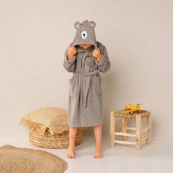 Peignoir de bain enfant personnalis&eacute; ourson &agrave; capuche  (taupe)