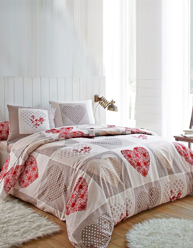 Linge de lit Lovely en flanelle imprimé coeurs  (taupe / rouge)