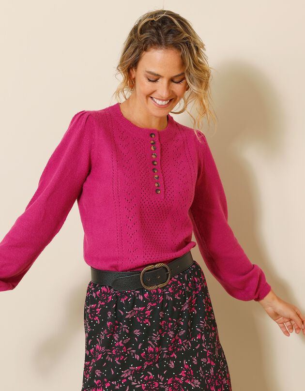 Pull ajouré col tunisien boutonné (violine)
