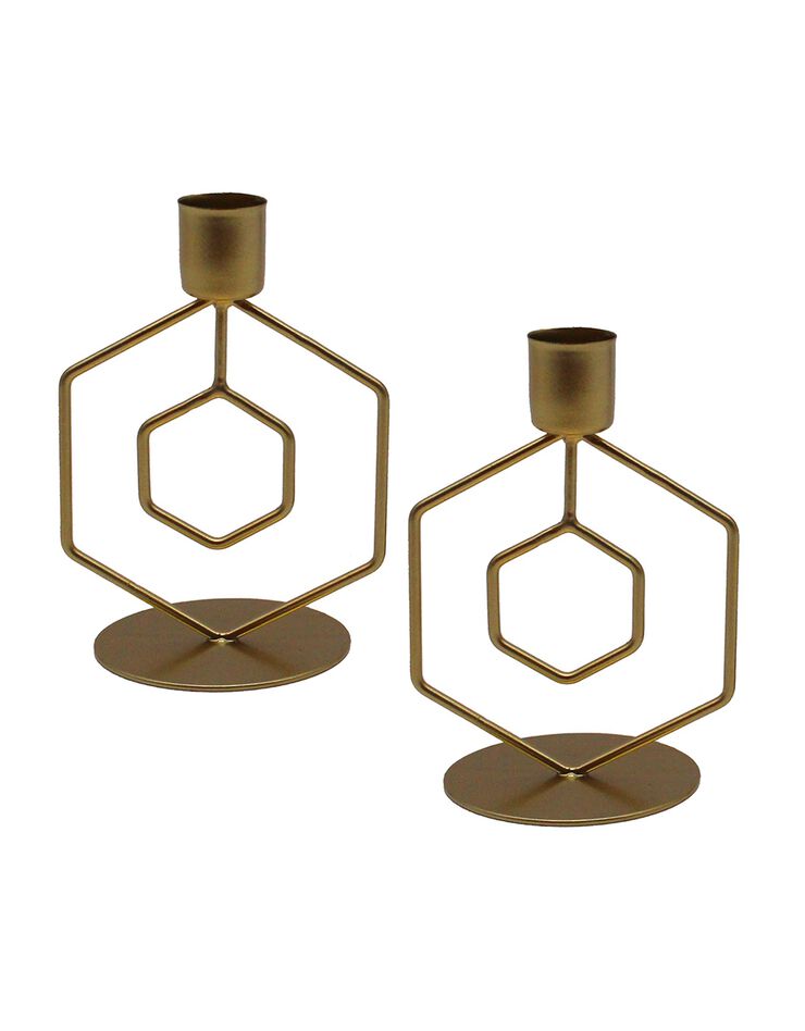 Bougeoir hexagonal métal – lot de 2 (doré)