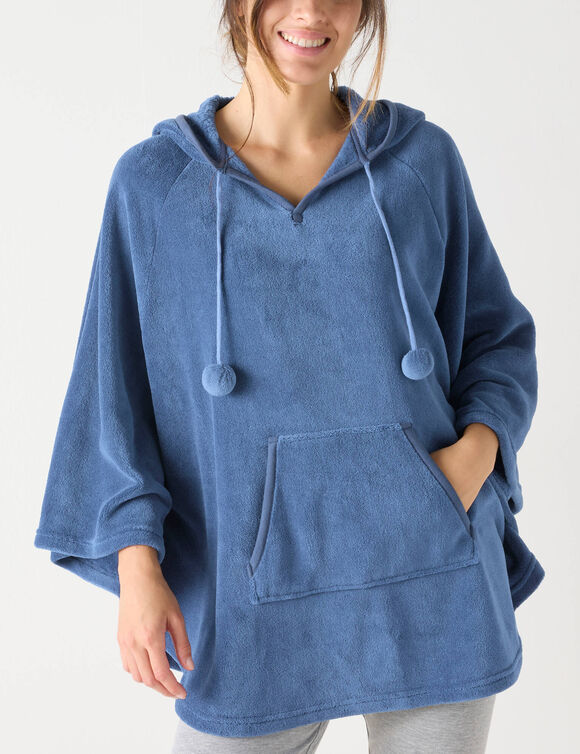 Poncho &agrave; capuche, maille polaire toucher peluche (bleu)