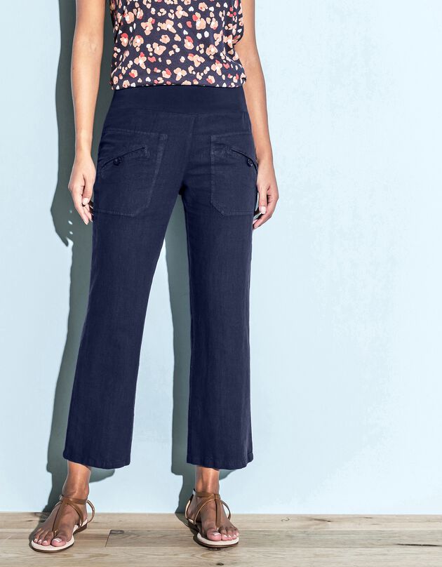 Pantalon coupe droite 7/8ème taille élastiquée, lin coton (marine)
