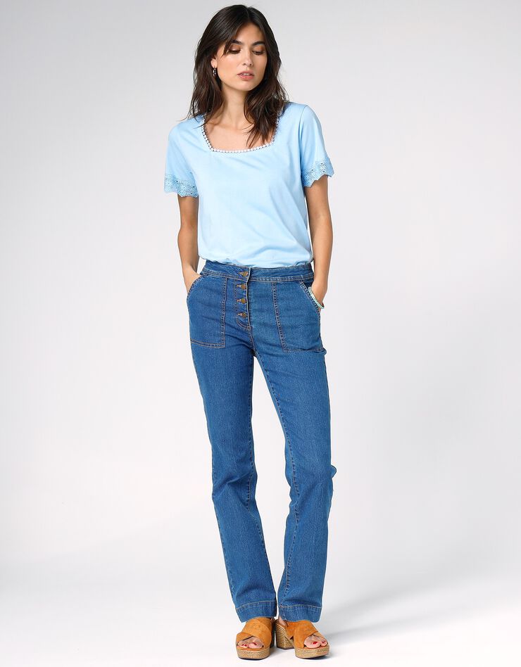Tee-shirt col carré galon fantaisie (bleu ciel)