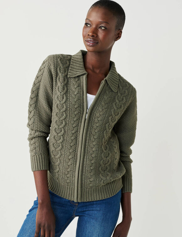 Gilet zipp&eacute; col polo, maille torsad&eacute;e (kaki)