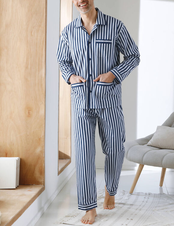 Pyjama rayures popeline coton (marine / &eacute;cru)