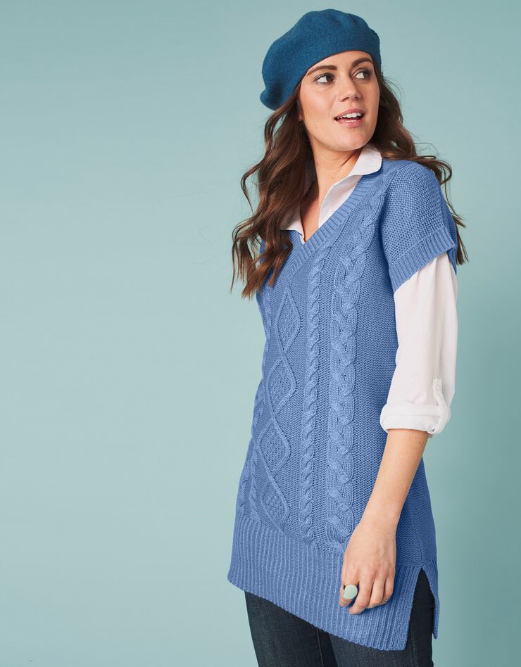Pull tunique torsadé manches courtes, toucher cachemire (bleu grisé) Pull tunique torsadé manches courtes, toucher cachemire (bleu grisé)