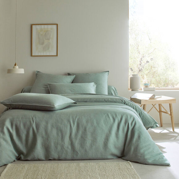Linge de lit uni biface lin lav&eacute; / coton lav&eacute;  (c&eacute;ladon)