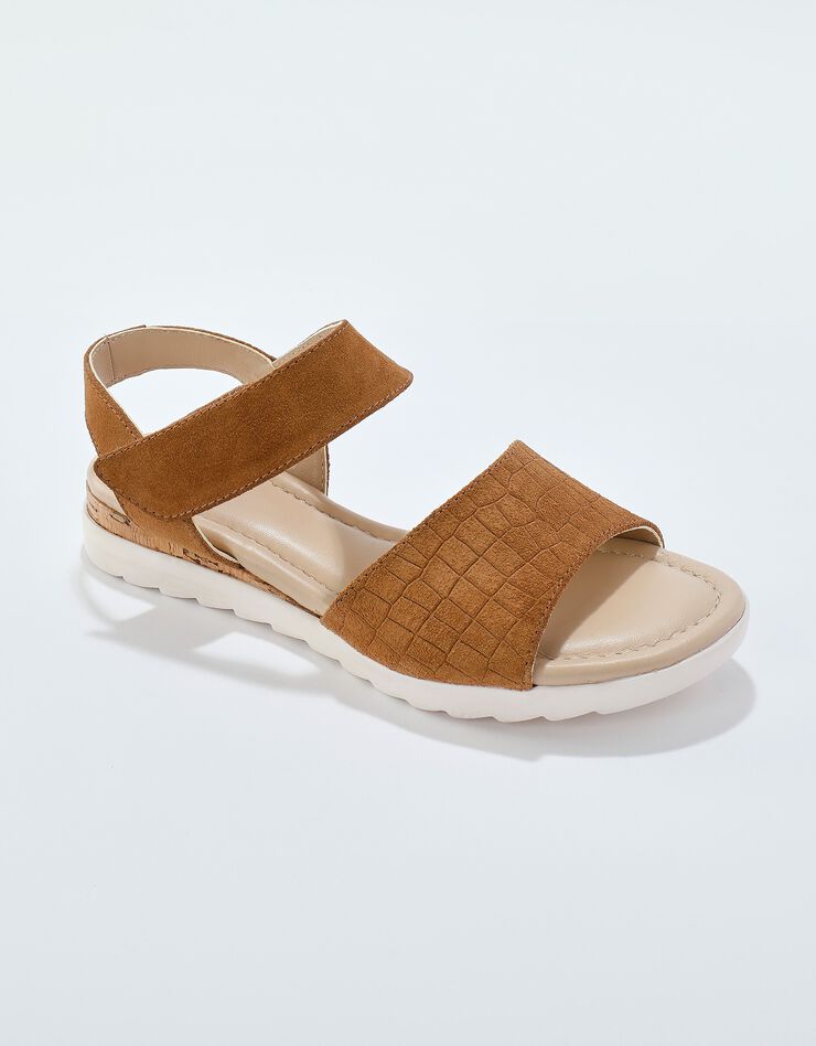 Sandales compensées cuir effet croco (caramel)
