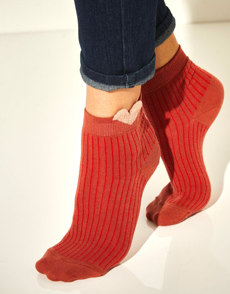 Chaussettes en maille côtelée à motif coeur brillant 3D - lot de 3 (terracotta / écru) Chaussettes en maille côtelée à motif coeur brillant 3D - lot de 3 (terracotta / écru)