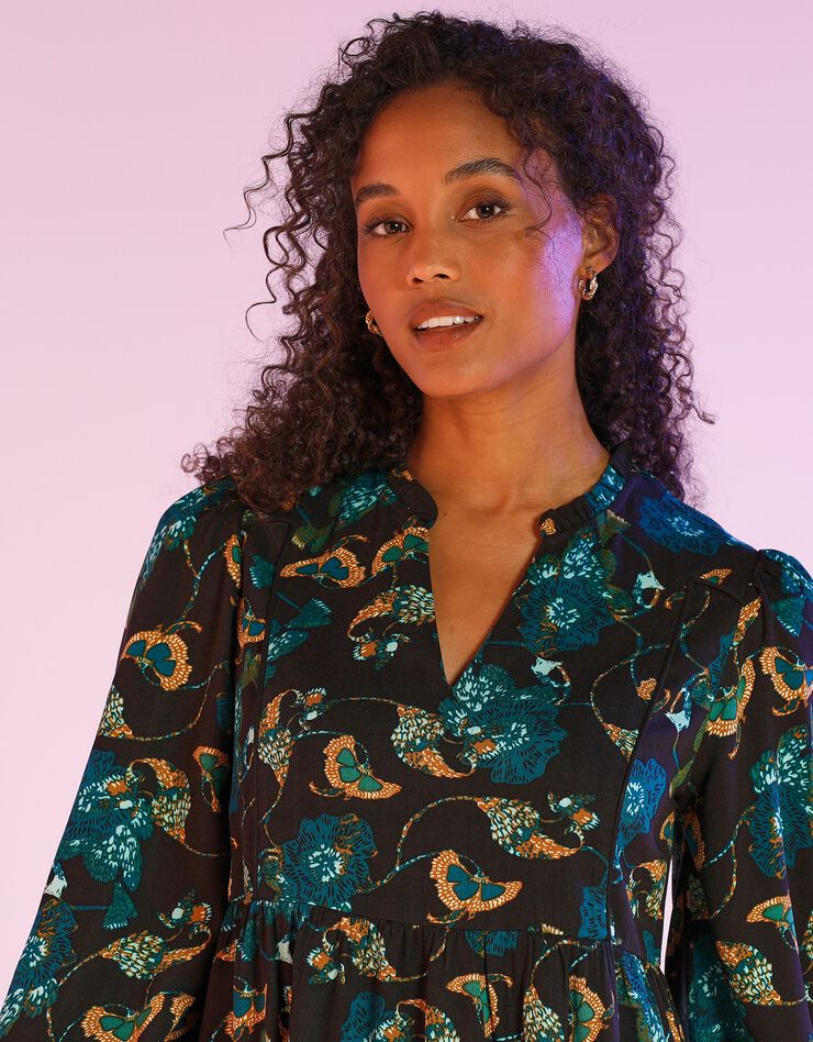 Robe courte imprimée smockée (noir / vert)