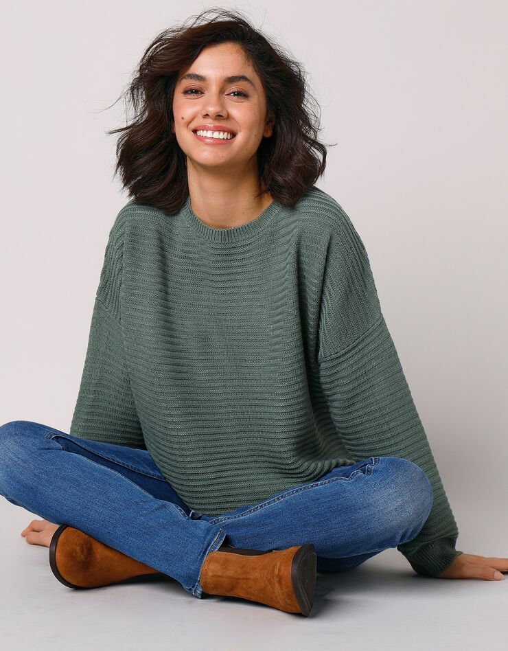 Pull loose maille fantaisie effet rayures (kaki) Pull loose maille fantaisie effet rayures (kaki)
