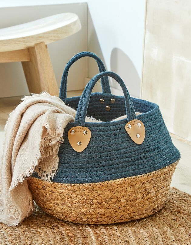 Panier tressé en jacinthe d'eau et en corde de coton - bicolore (bleu)