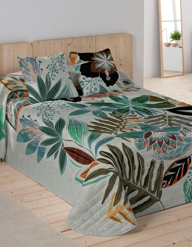 Couvre-lit matelassé imprimé végétal (vert / bleu)