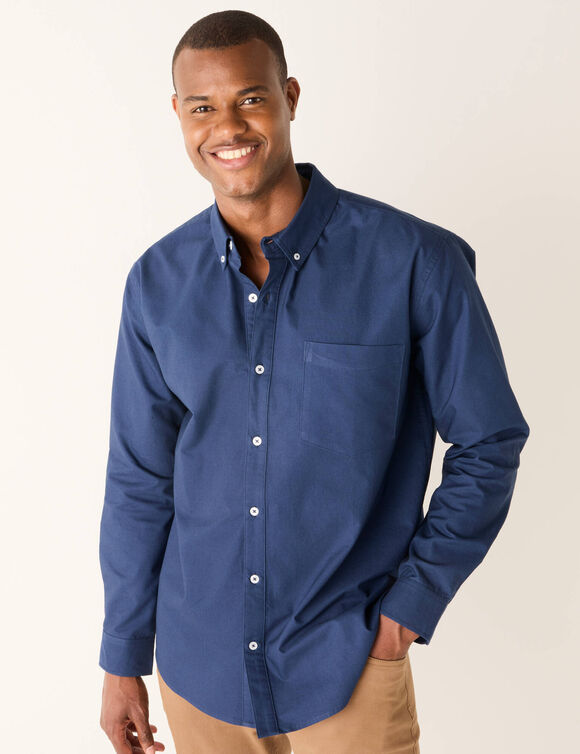 Chemise boutonnée unie Oxford manches longues (bleu ardoise)
