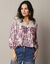 Blouse macramé manches 3/4, crépon imprimé (écru / violet)