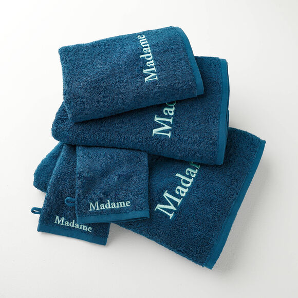 Collection serviettes de bain 420 g/m&sup2; brod&eacute;es "MADAME" (bleu paon)