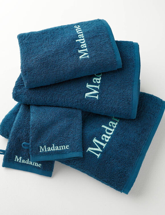 Collection serviettes de bain 420 g/m&sup2; brod&eacute;es "MADAME" (bleu paon)