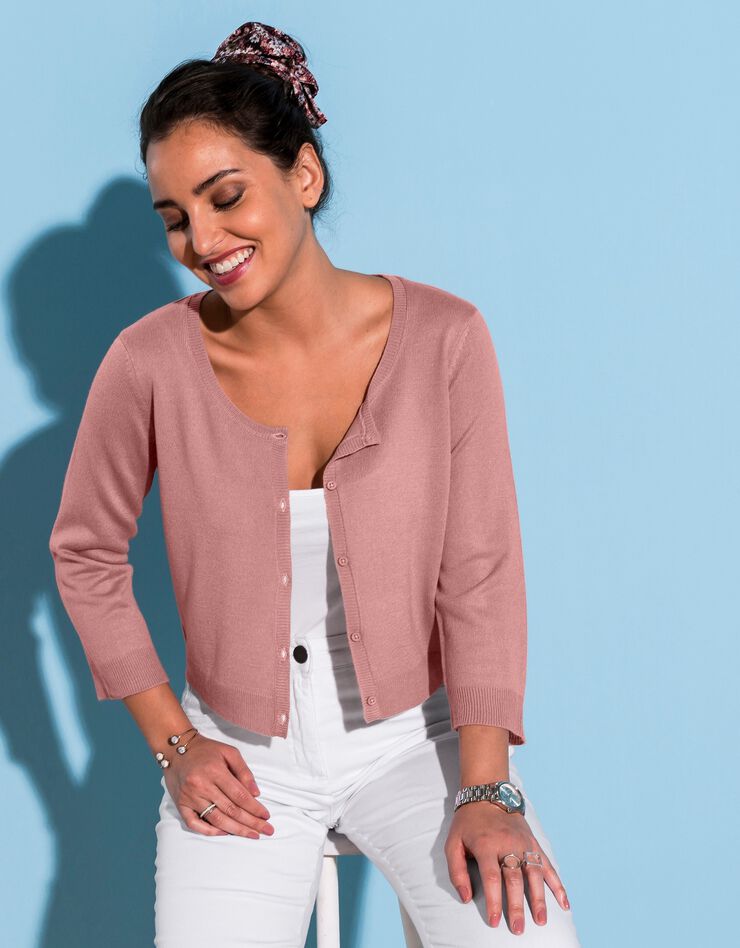 Gilet boléro boutonné toucher cachemire (rose grisé) Gilet boléro boutonné toucher cachemire (rose grisé)