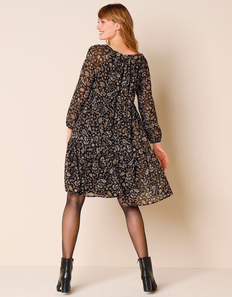 Robe évasée imprimée col carré (noir / doré)