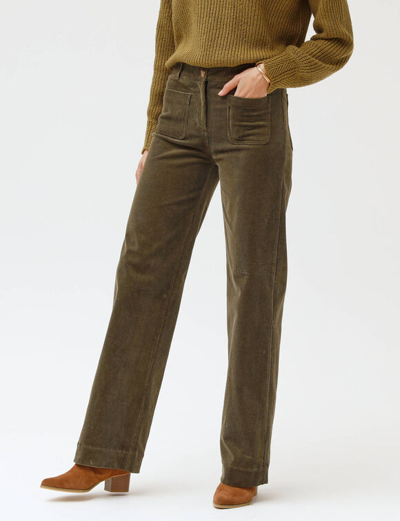 Pantalon velours coupe large taille haute, stature moyenne (kaki)